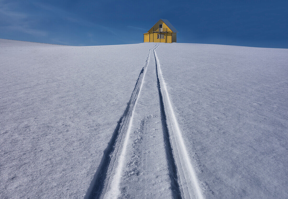 Sled tracks on hillside to yellow rural house in Estonia