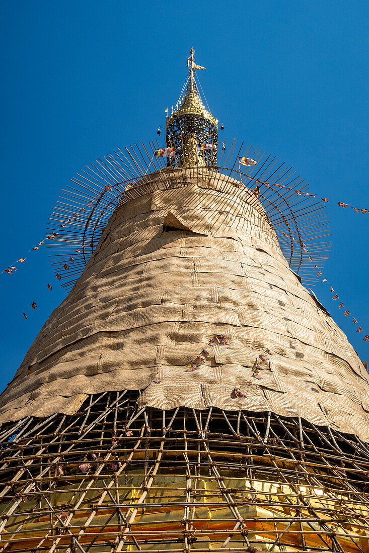 Bamboo scaffolding on a pagoda being repaired, Myanmar, Asia
