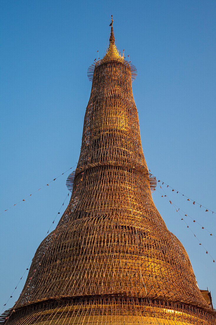 Bamboo scaffolding on a pagoda being repaired, Myanmar, Asia