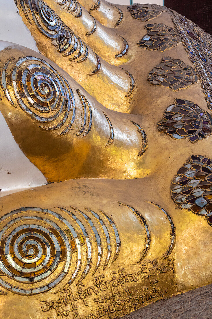 Large reclining buddha golden foot in Rangon, Myanmar, Asia