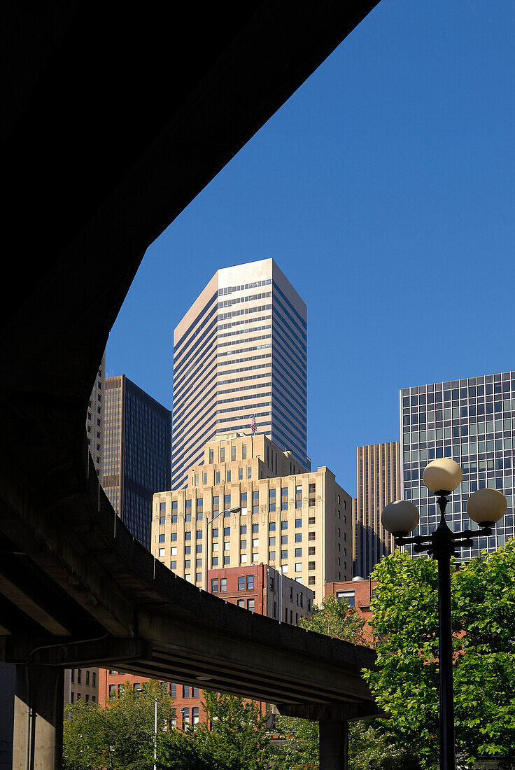 Modern skyscraper behind an elevated road or railway with streetlight in park below, Seattle, USA