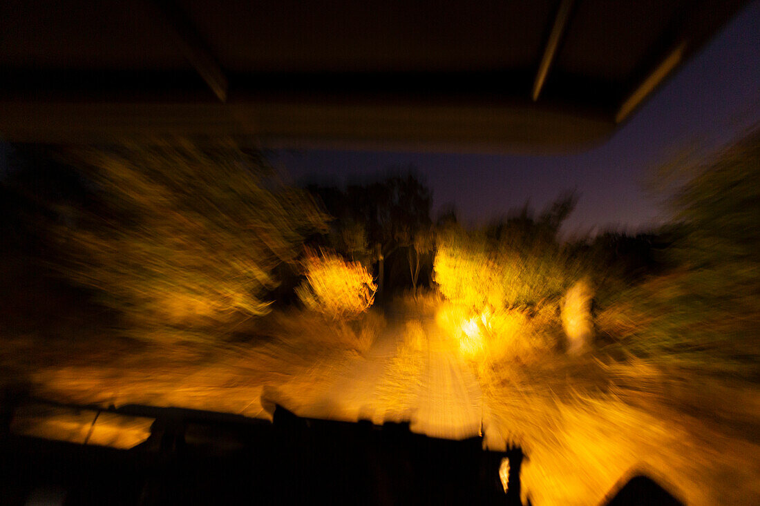 Verschwommene Straße nach Sonnenuntergang, Okavango Delta, Botswana.