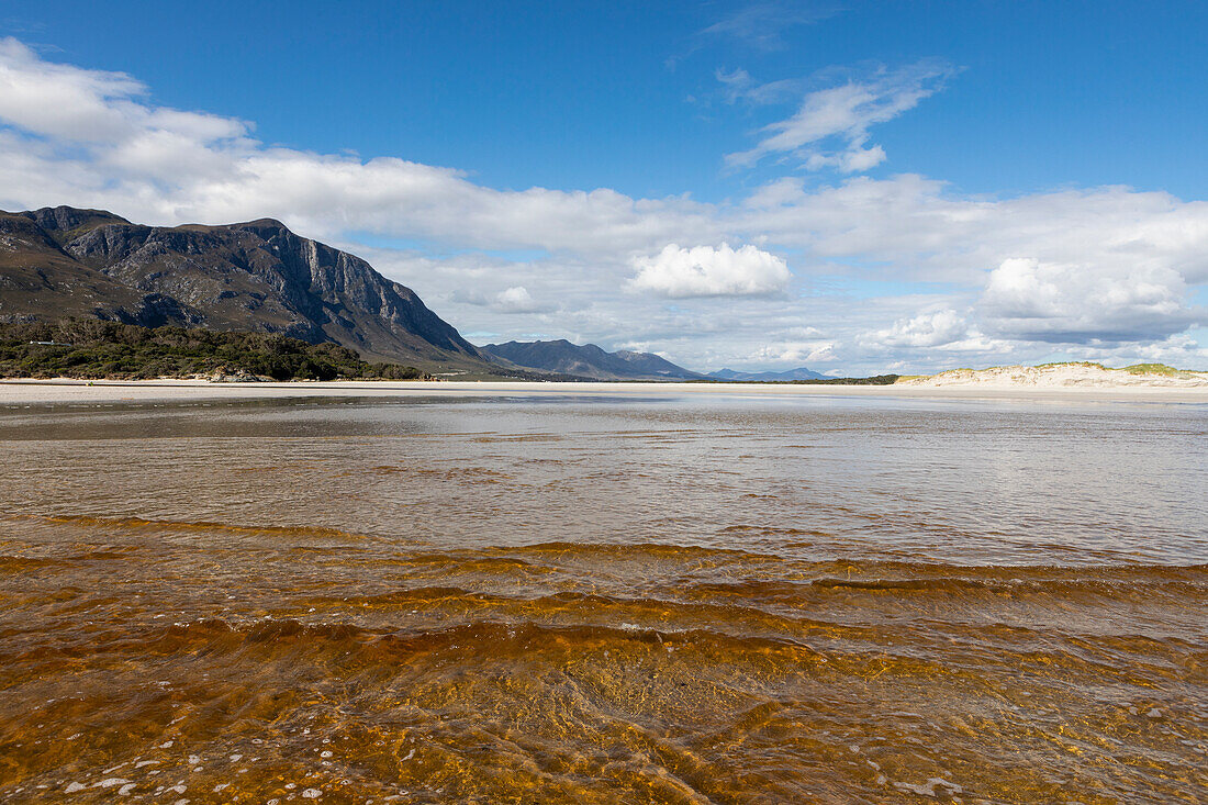 Ein breiter Sandstrand, seichtes Wasser, Blick über die Küste, Grotto Beach, Südafrika