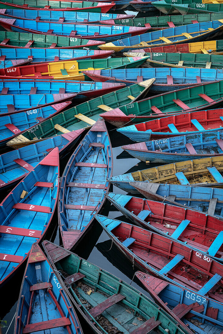 Colorful boats float in Phewa Lake, Pokhara, Kaski, Nepal, Himalayas, Asia