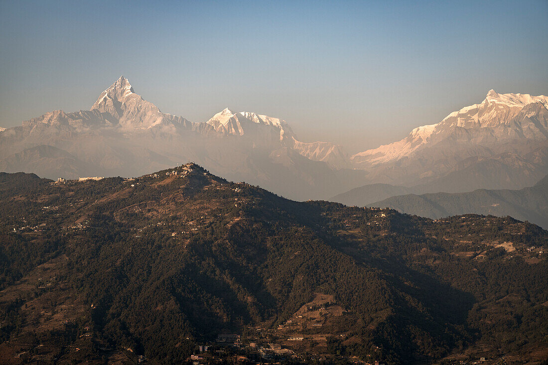 View to Sarangkot with Machapucharé Mountain near Pokhara, Kaski, Nepal, Himalaya, Asia