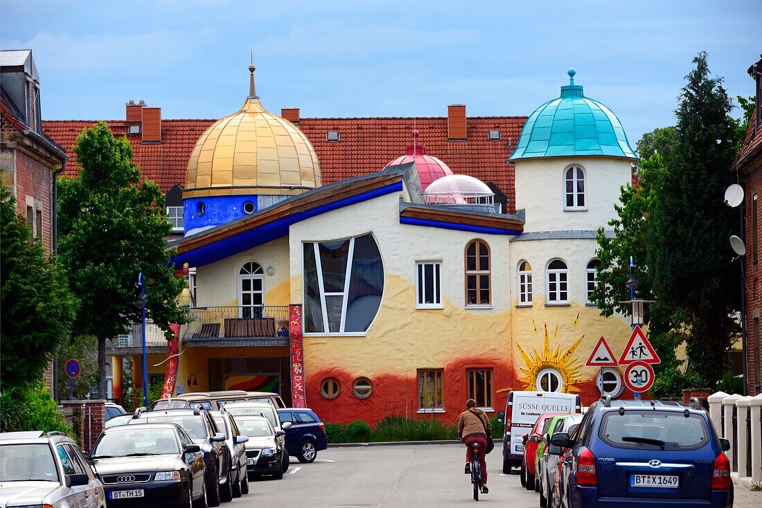 Kinderhaus Bayreuth at Munckerstrasse,interesting colorful architecture similar to Austrin architect Friedensreich Hundertwasser works by architect Karl-Heinz Greim,Bayreuth,capital of Upper Franconia,Bavaria,Bayern,Germany,Europe