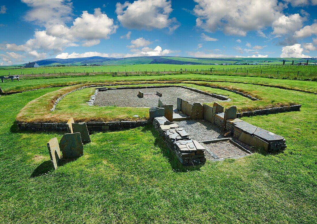 Structure 8 of the Neolithic Barnhouse Settlement archaeological site,circa 3000 BC,Loch of Harray,Orkney Mainland,Scotland,.