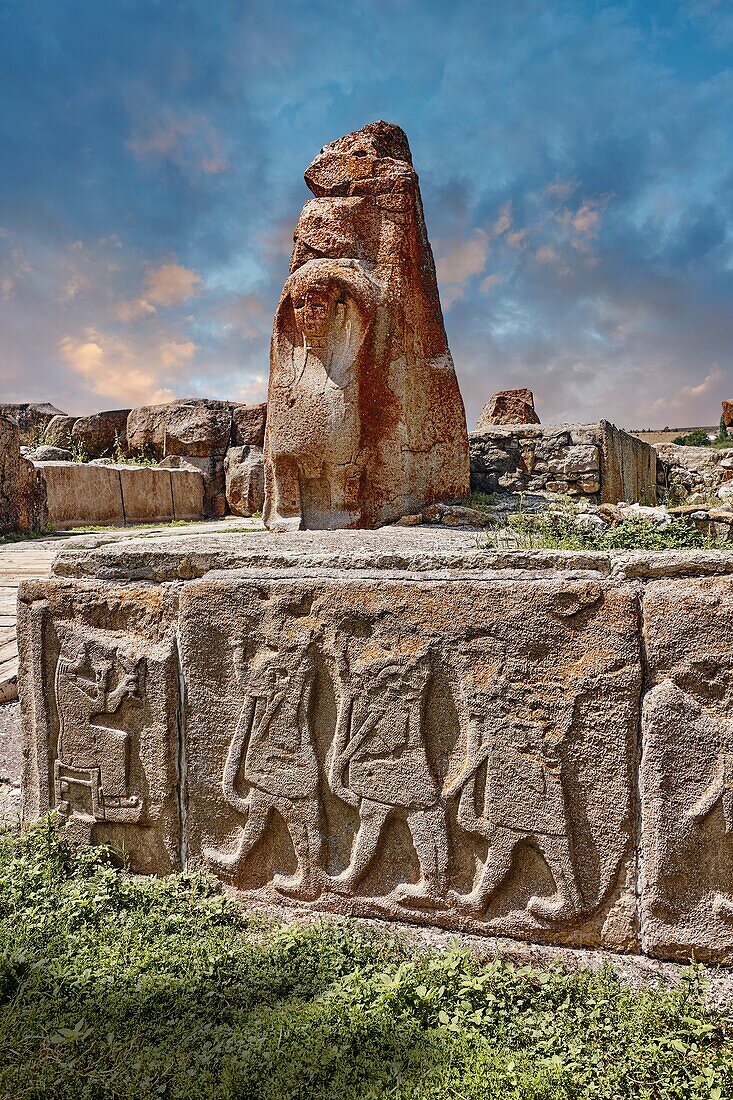 Sphinx-Tor hethitische Skulptur, Alaca Hoyuk (Alacahoyuk) hethitische archäologische Stätte Alaca, Provinz Corum, Türkei, auch bekannt als Alacahuyuk, Aladja-Hoyuk, Euyuk, oder Evuk.