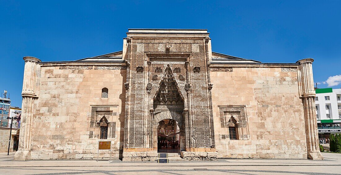 The Buruciye Medrese (Madrasah) built in 1271 by Dr. Muzaffer Burucerdi of Iran as a school teach physics,chemistry and astronomy. Its magnificent crown gate is one of the best examples of Seljuk architecture in Anatolia. The islamic Muqarnas corbelled vault is made up of a large number of miniature squinches,producing a sort of cellular structure. Sivas,Turkey.