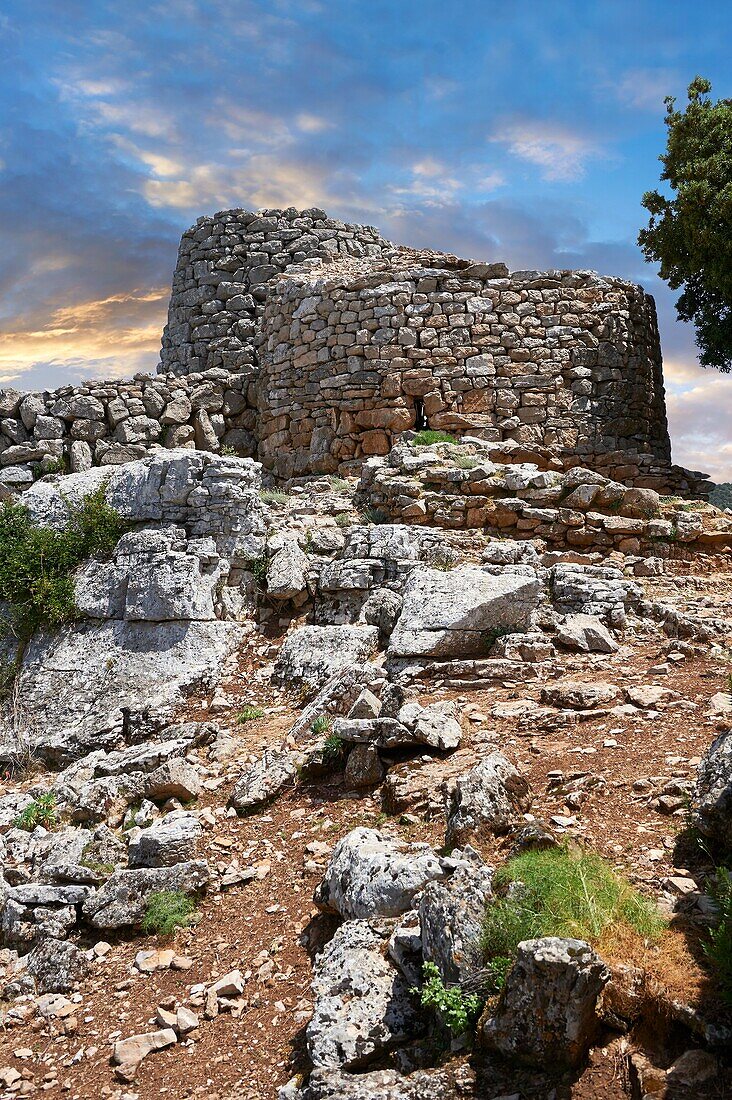 Prehistoric magalith ruins of the multi towered Nuraghe Serbissi,archaeological site,Bronze age (14 - 10 th century BC). Nuraghe Serbissi is situated at over 900 meters on a remote limestone plateau in central Sardinia. Osini in Ogliastra,Southern Sardinia.