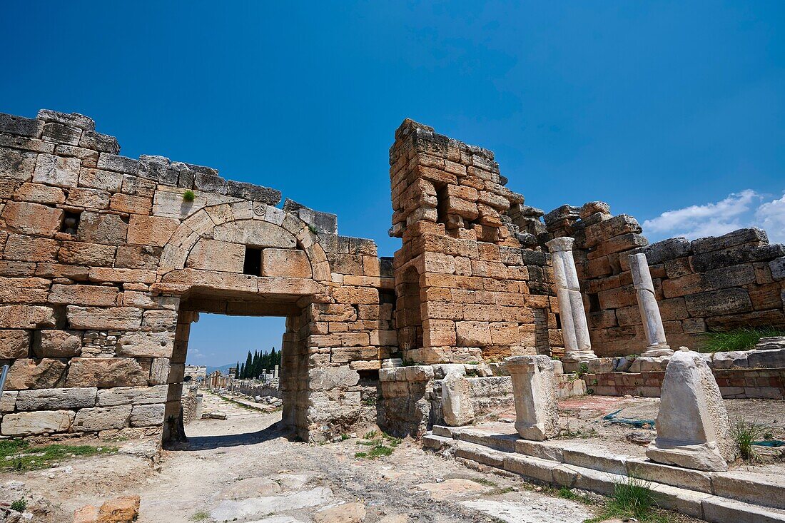The north gate forms part of a fortification system built at Hierapolis in late 4th century Theodosian times. Hierapolis archaeological site near Pamukkale in Turkey.