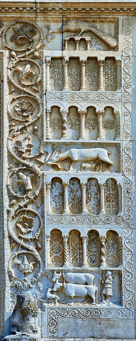 Sculptures on the 12th century Romanesque facade of the Chiesa di San Pietro extra moenia (St Peters),Spoletto,Italy.