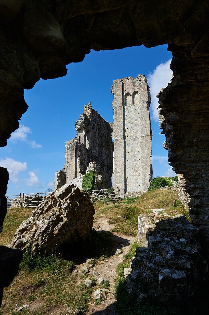 Medieval Corfe castle Keep cloase up,built in 1086 by William the Conqueror,Dorset England.