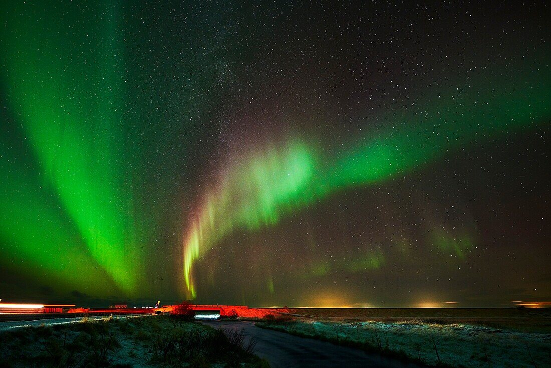 Markarfljotssandur outwash plains with Aurora Borealis,Iceland.