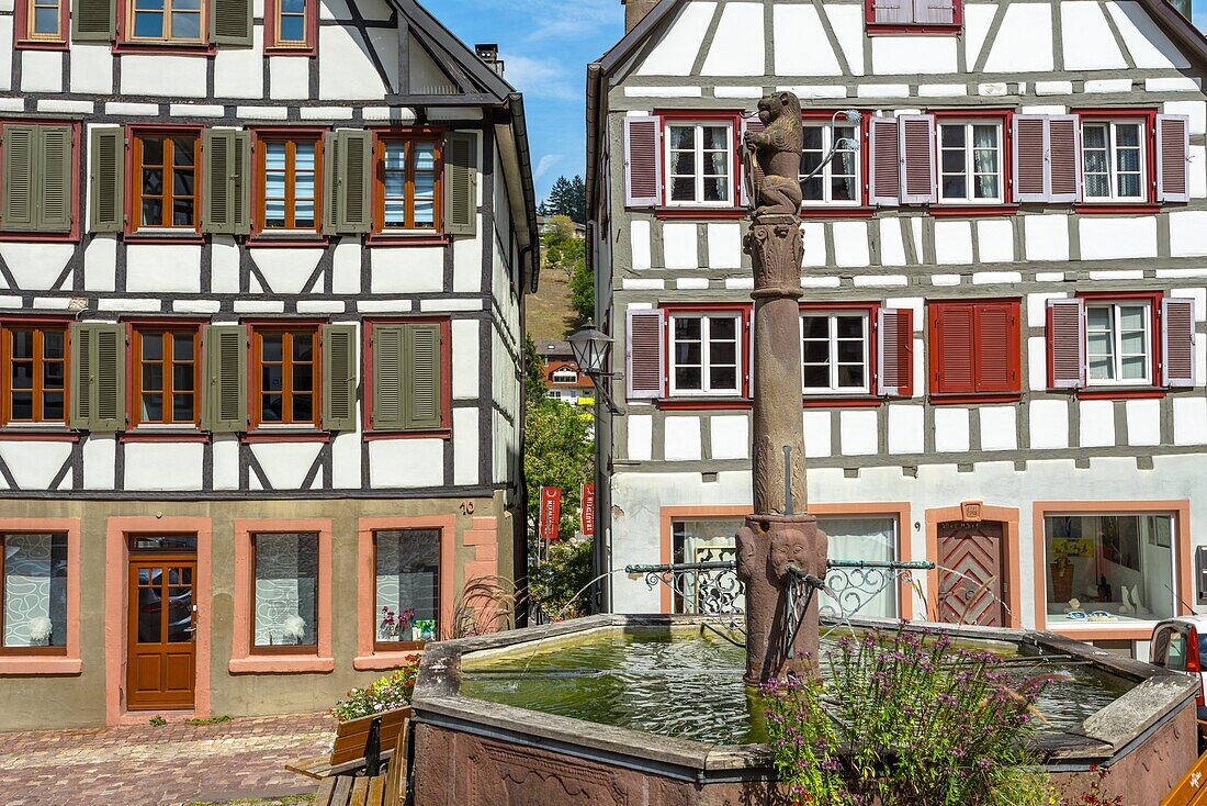 Fachwerkhäuser am Marktplatz, Stadt Schiltach, Schwarzwald, Deutschland, historische Altstadt, Brunnen mit Pfeiler und Wappen.