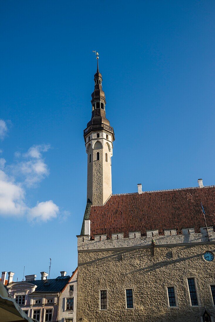 Side view of Tallinn Town Hall (Tallinna raekoda),Tallinn Town Hall Square (Raekoja Plats). Old Town,Tallinn,Estonia,Baltic States.