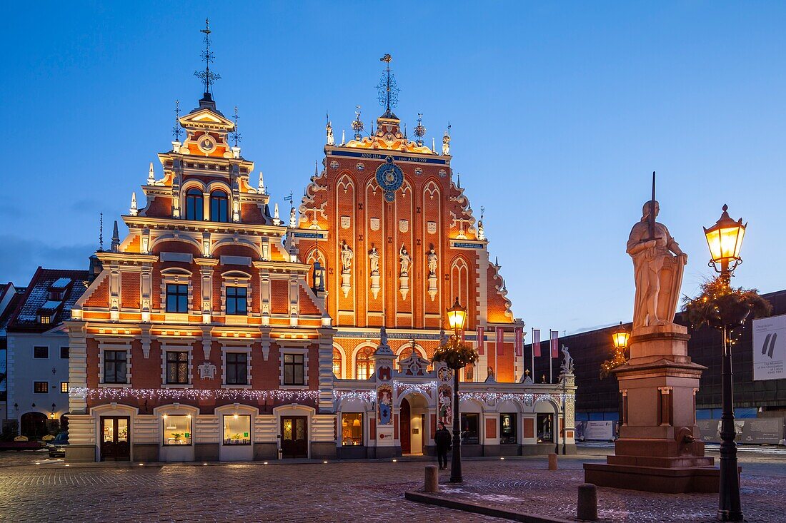 Winter evening at the Blackheads House in Riga old town,Latvia.