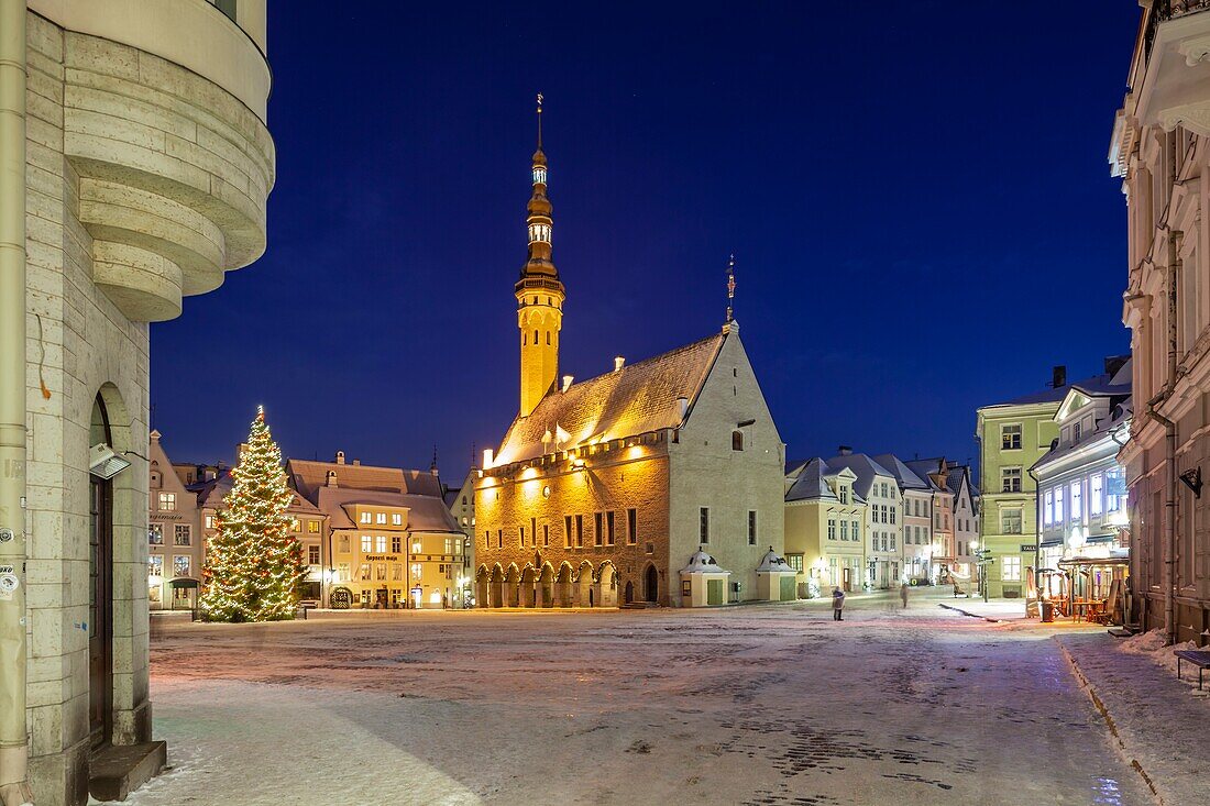 Winter evening in Tallinn old town,Estonia. Town hall in the distance.