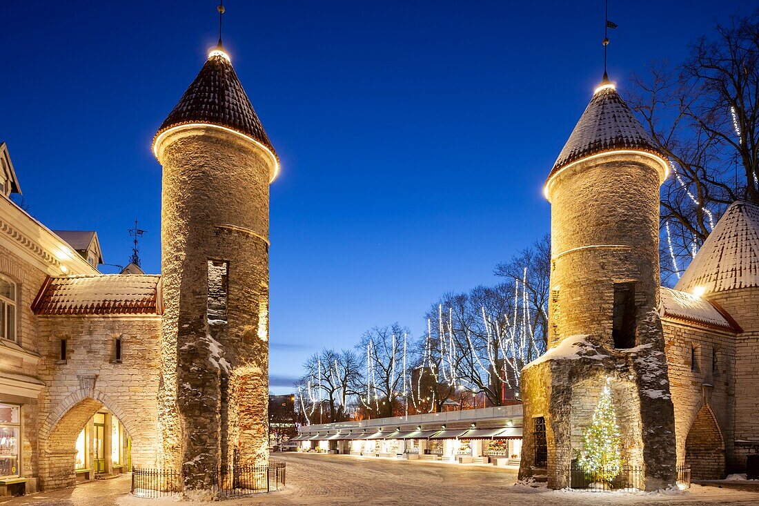 Winterdämmerung an der Stadtmauer von Tallinn, Estland.