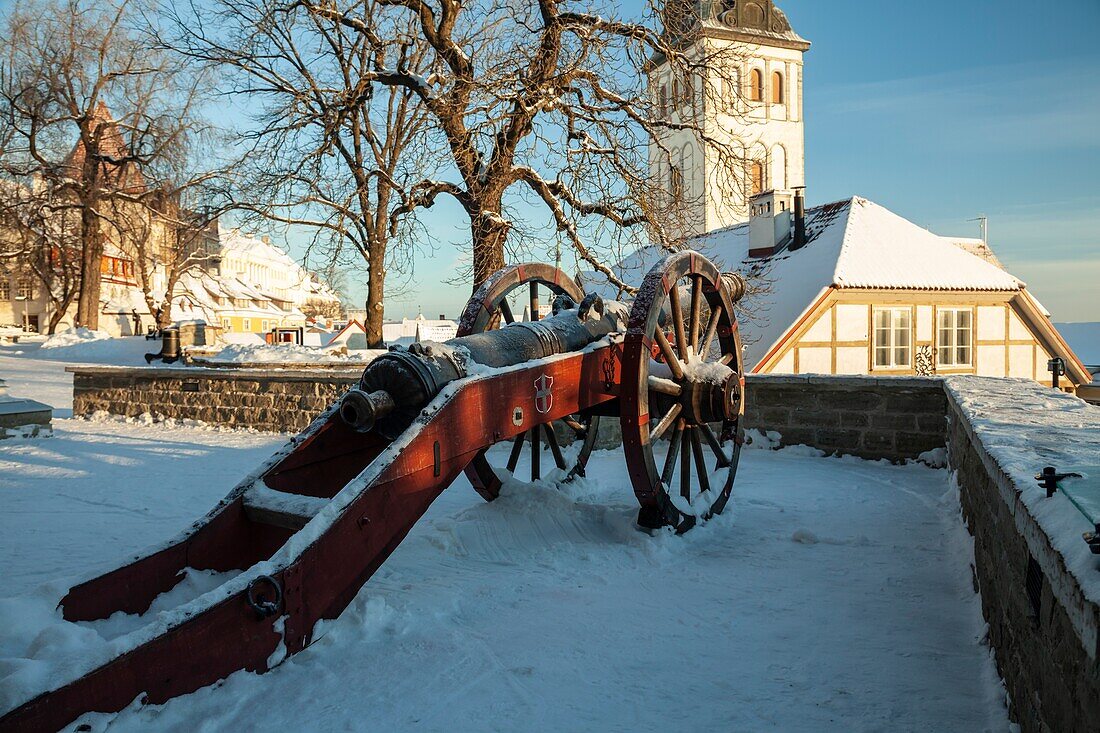 Wintermorgen in der Altstadt von Tallinn, Estland.