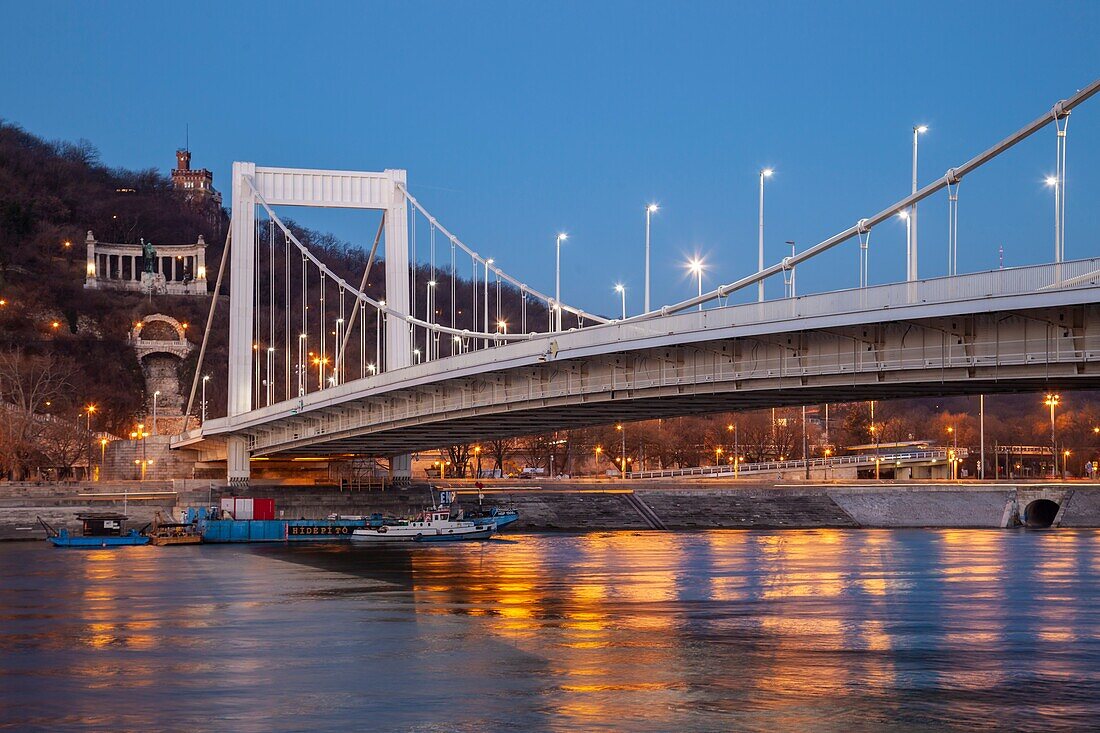 Morgendämmerung an der Elisabethbrücke über die Donau in Budapest, Ungarn.