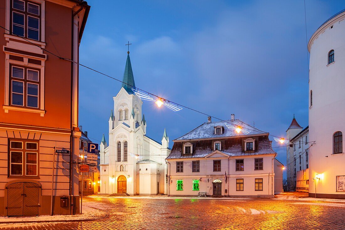 Winter dawn at Our Lady of Sorrows catholic church in Riga old town,Latvia.