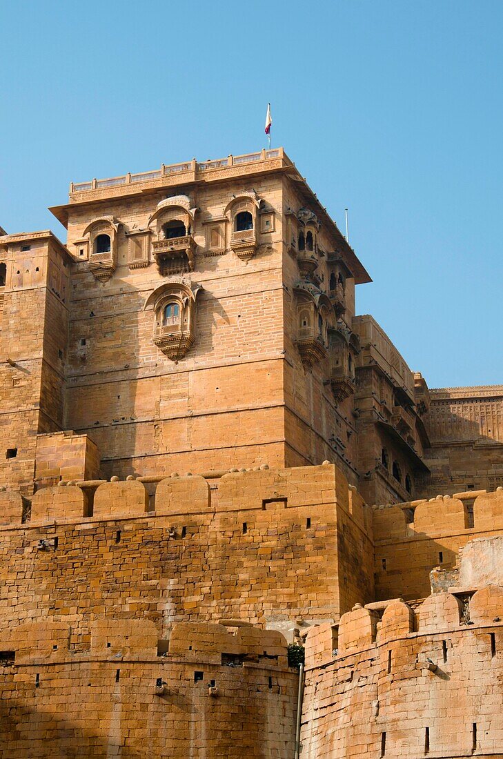 Dekorative Außenwand der Festung, Jaisalmer, Rajasthan, Indien.