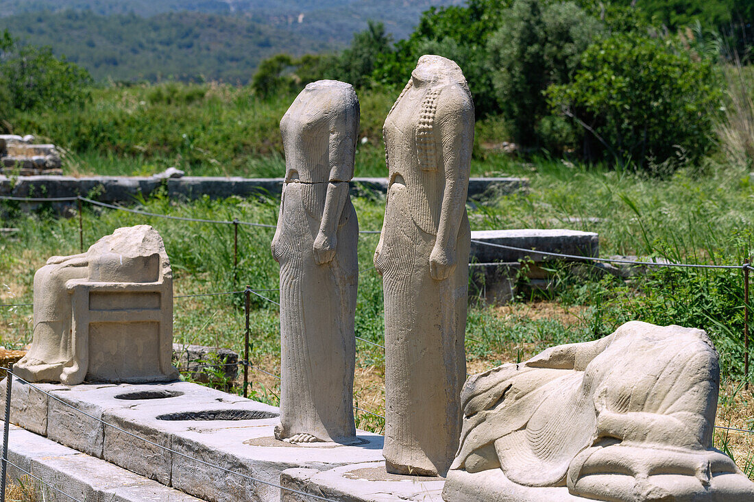 Heraion of Samos, Geneleos sculptural group (copies), archaeological site of the ancient sanctuary of the Greek goddess Hera at Ireon on the island of Samos in Greece
