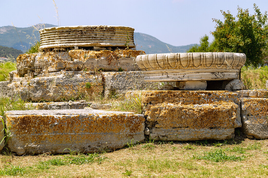 Heraion von Samos, großer Tempel mit Säulentrommeln, archäologische Stätte des antiken Heiligtums der griechischen Göttin Hera bei Ireon auf der Insel Samos in Griechenland