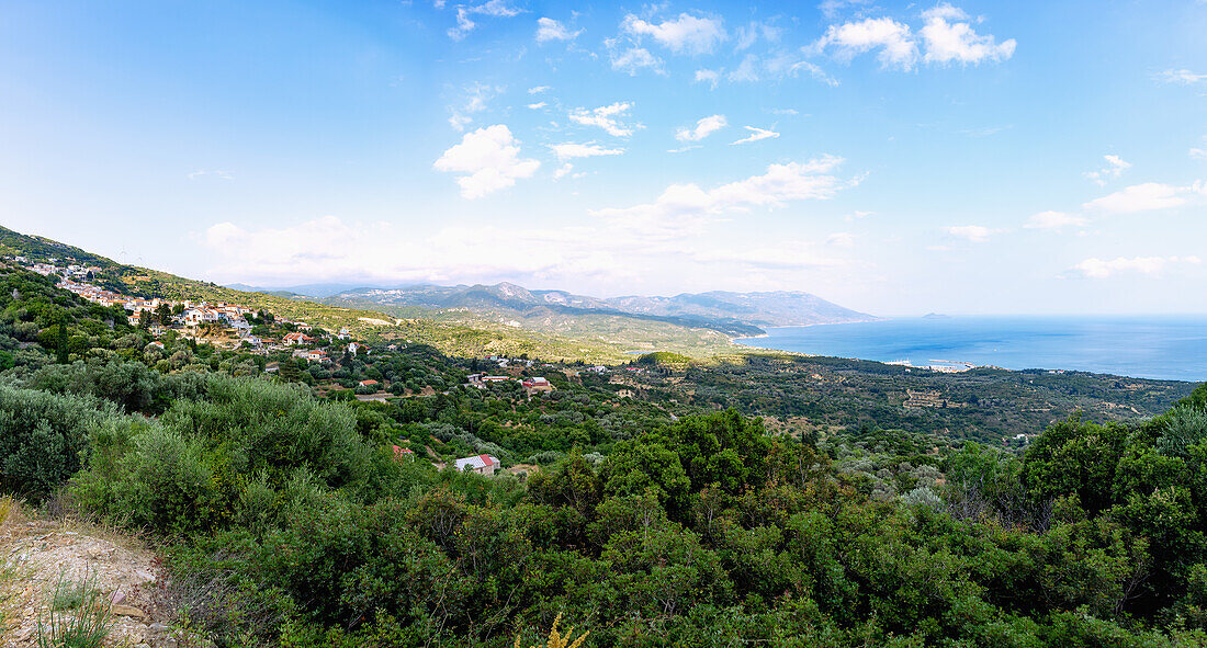 Coastal panorama with Marathokampos, mountainous village on the west of Samos island in Greece