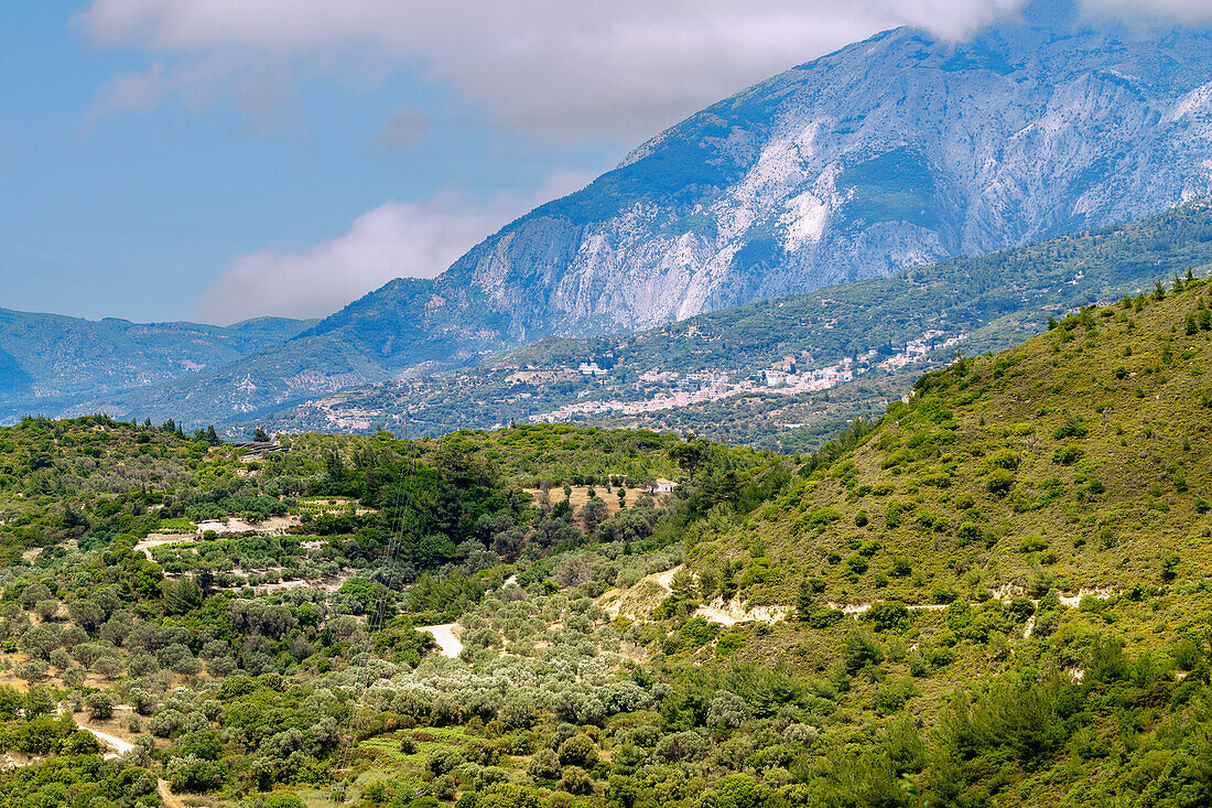Mountain landscape at Kerkis overlooking the mountain village of Marathokampos on the southwest coast of the island of Samos in Greece