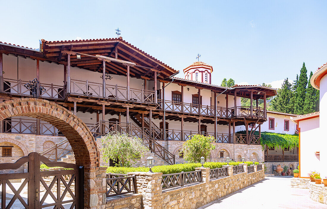 Monastery of Moni Megalis Panagias at Kouramadei, courtyard, on the island of Samos in Greece