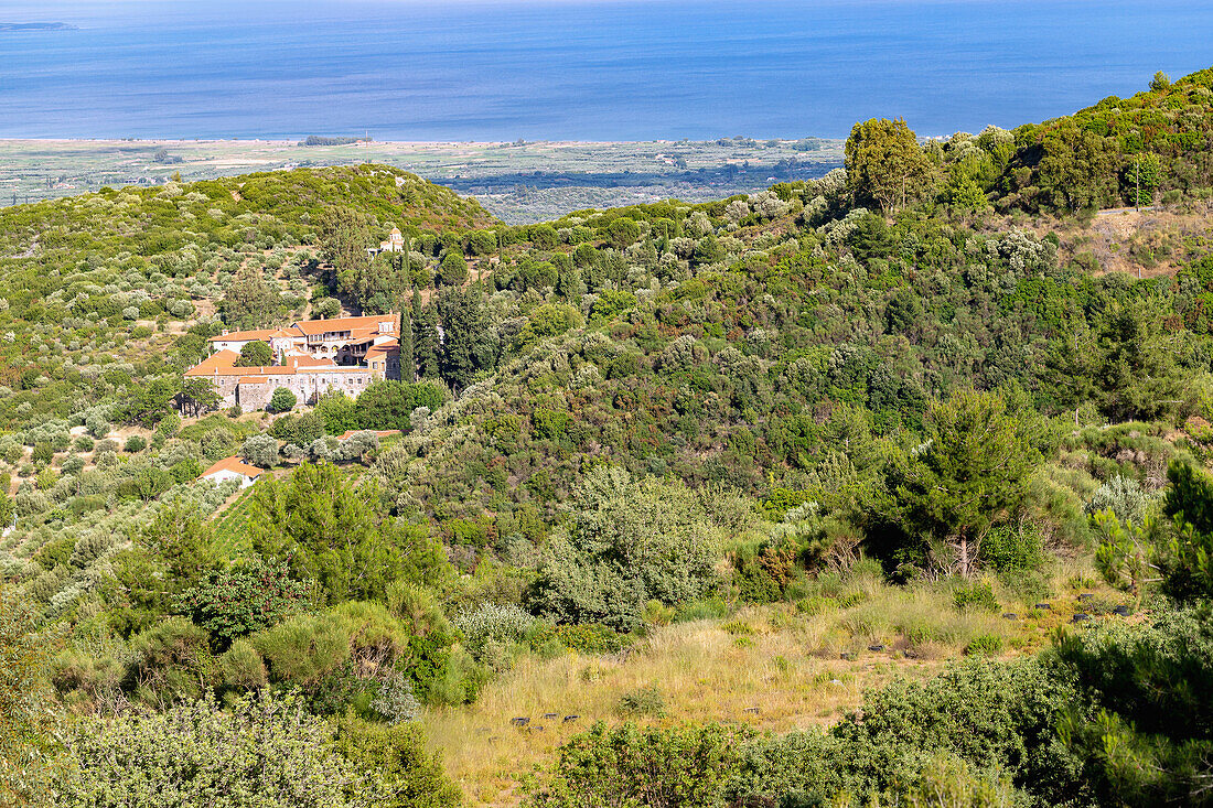 Monastery of Moni Megalis Panagias near Kouramadei, view of the south coast near Potokaki, on the island of Samos in Greece