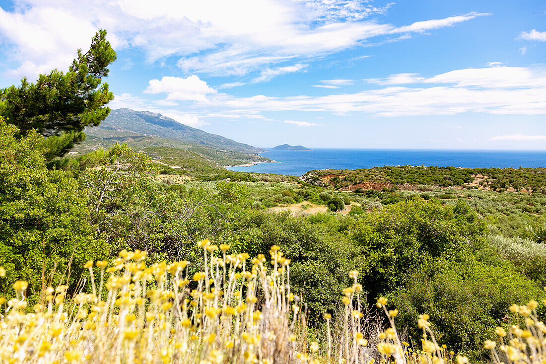 Coastal landscape at Pirgos with a view of Samiopoula Island, Samos Island in Greece