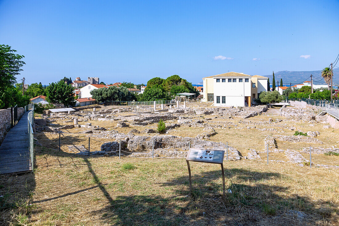 Archaeological Museum with excavation site and view of Tower of Lycourgos in Pythagorion on the island of Samos in Greece