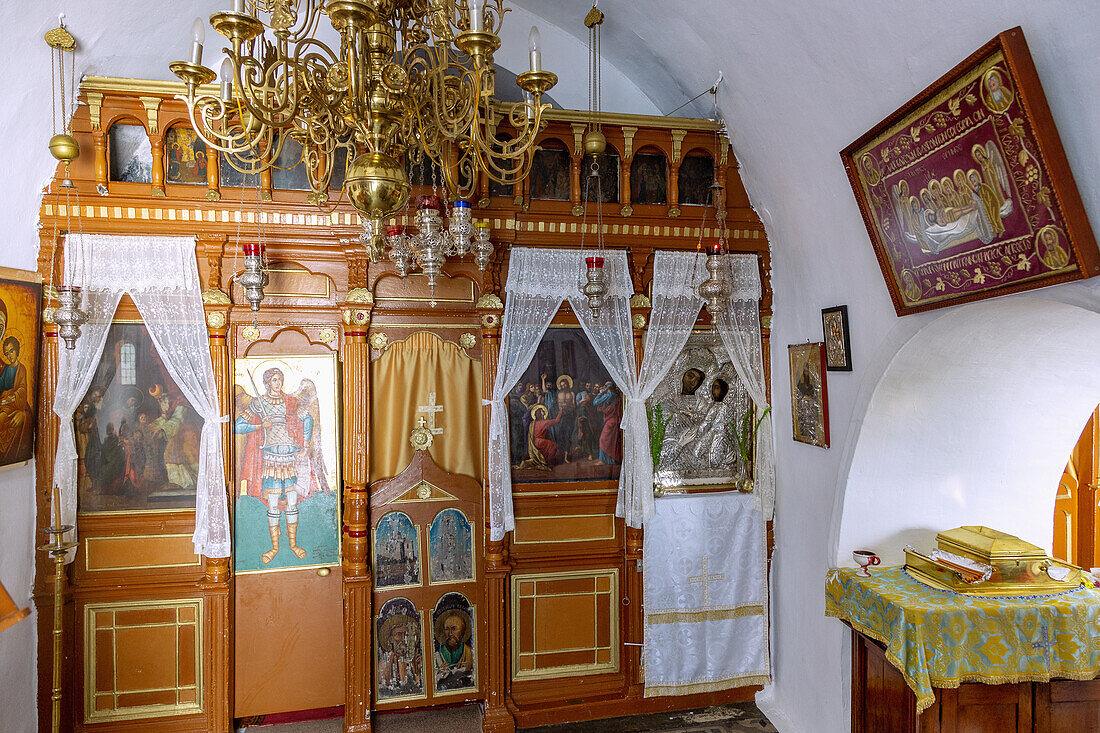 Interior of the monastery church with the iconostasis of Moni Panagias Spilianis at Pythagorion on the island of Samos in Greece