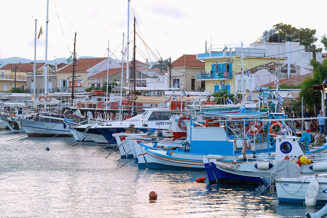 Old town and fishing port of Pythagorion in the evening light on Samos island in Greece