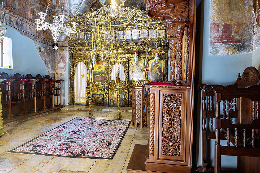 Monastery church with golden iconostasis in the monastery of Moni Agia Zoni, in the east of the island of Samos in Greece