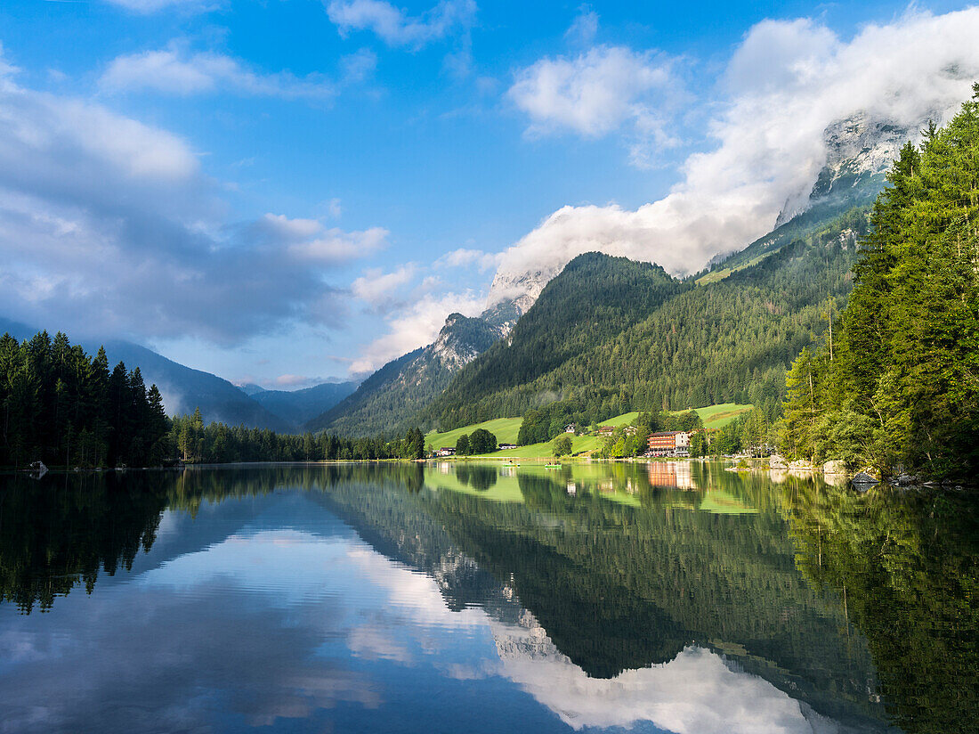 The romantic lake Hintersee , at morning with Reiter Alpe Mountain chain in the Nationalpark Berchtesgaden, Bavaria, Germany.