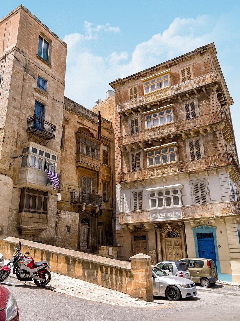Typical houses with balconies in La Valletta. Malta. Europe.