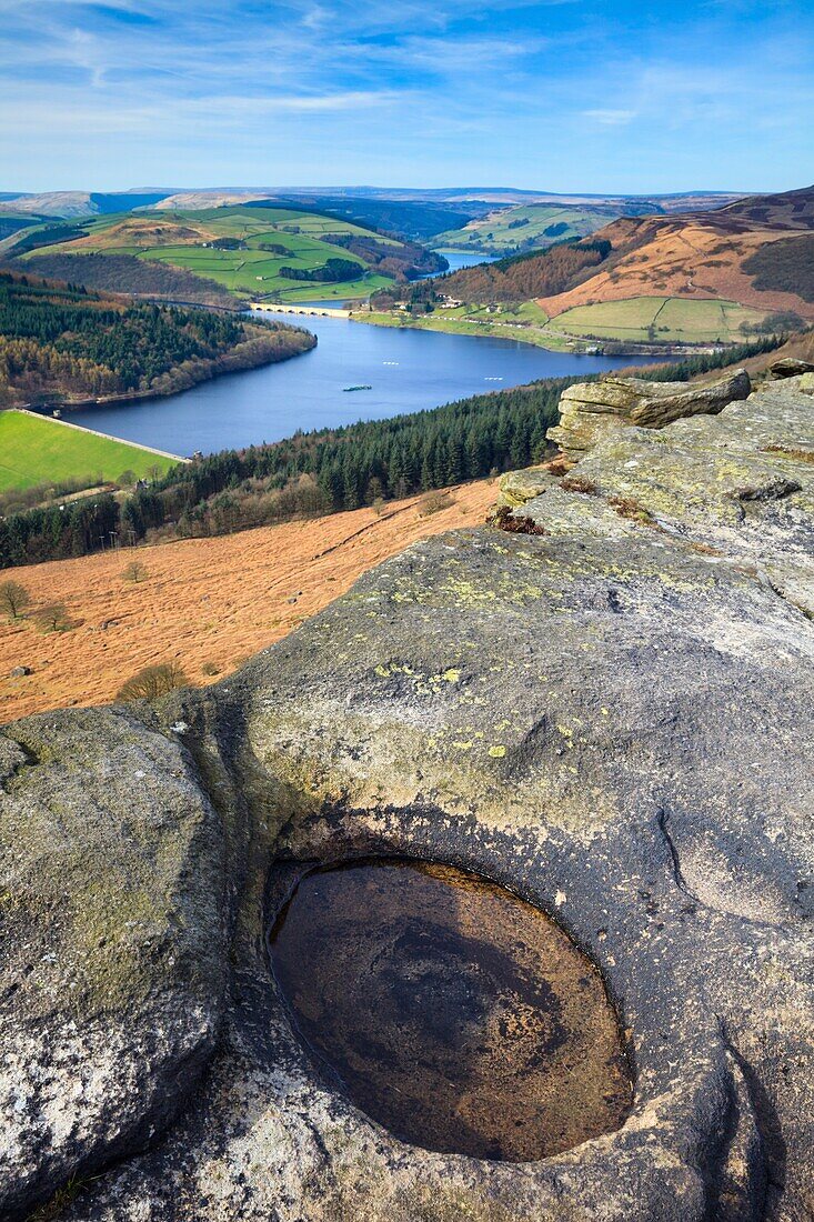 Ladybower Reservoir in the Peak District National Park captured from Bamford Edge on an afternoon in late March. The image was carefully composed with a pool of rain water in the foreground.