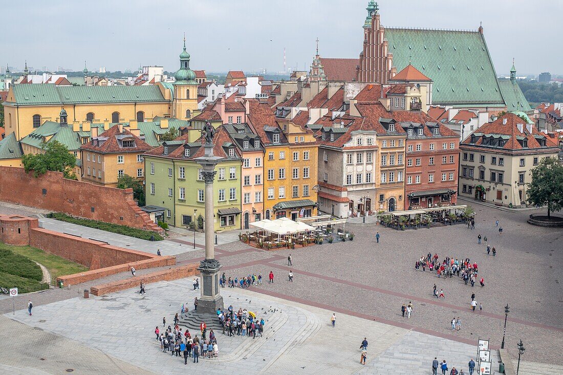 Birds eye view of Sigismund's Column old town and Warsaw city scape in Warsaw,Poland.