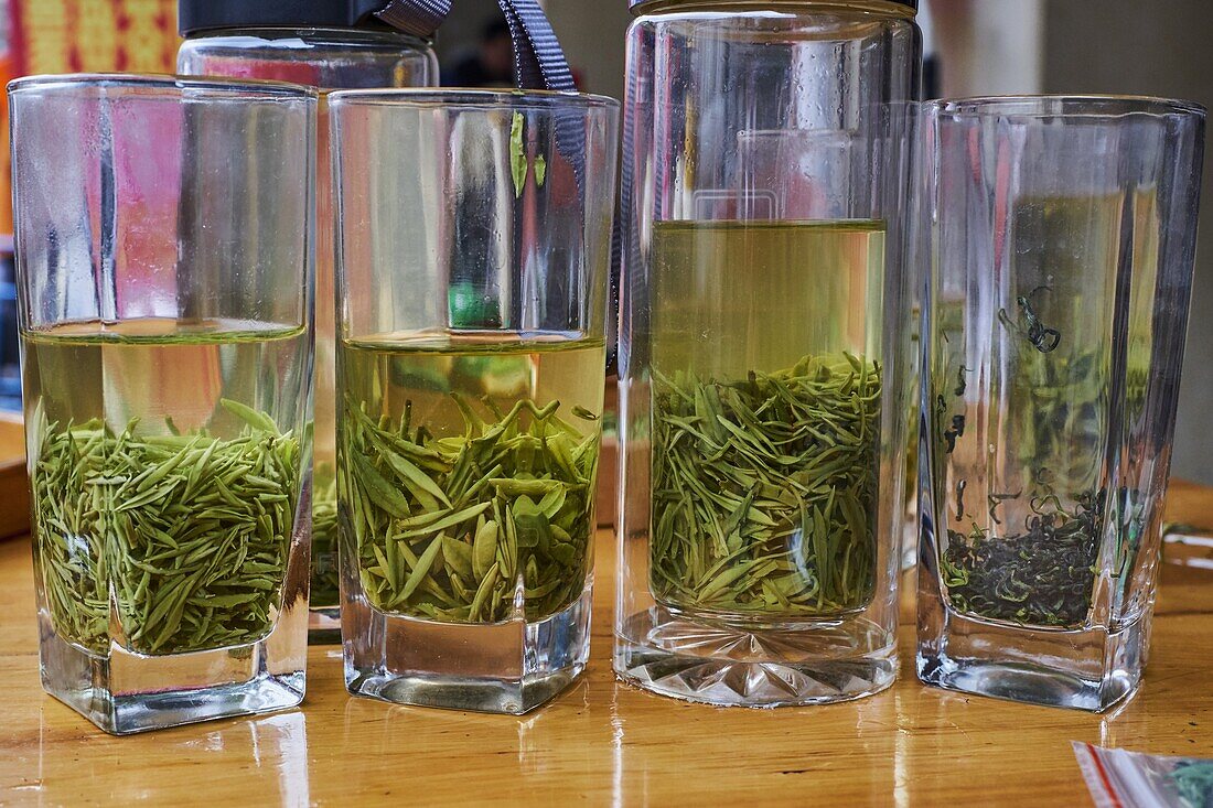 China, Provinz Sichuan, Mingshan, Großhändlermarkt für grünen Tee.