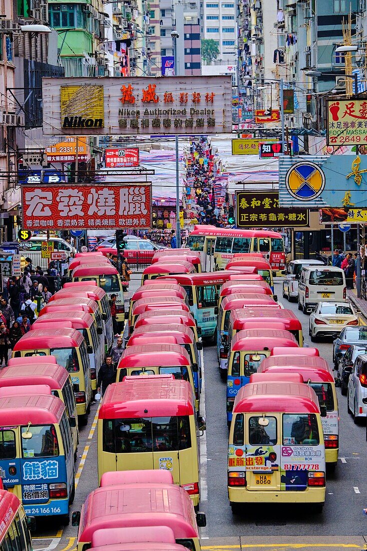 China,Hong Kong,Kowloon,Waiting buses in Kowloon.