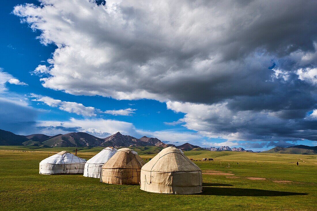 Kirgisistan, Provinz Naryn, See Song Kol, Jurtenlager der kirgisischen Nomaden.