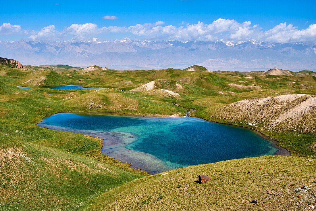 Kyrgyzstan,Osh province,Alai valley,Tolpur lake,Lenine pic base camp,aerial view.