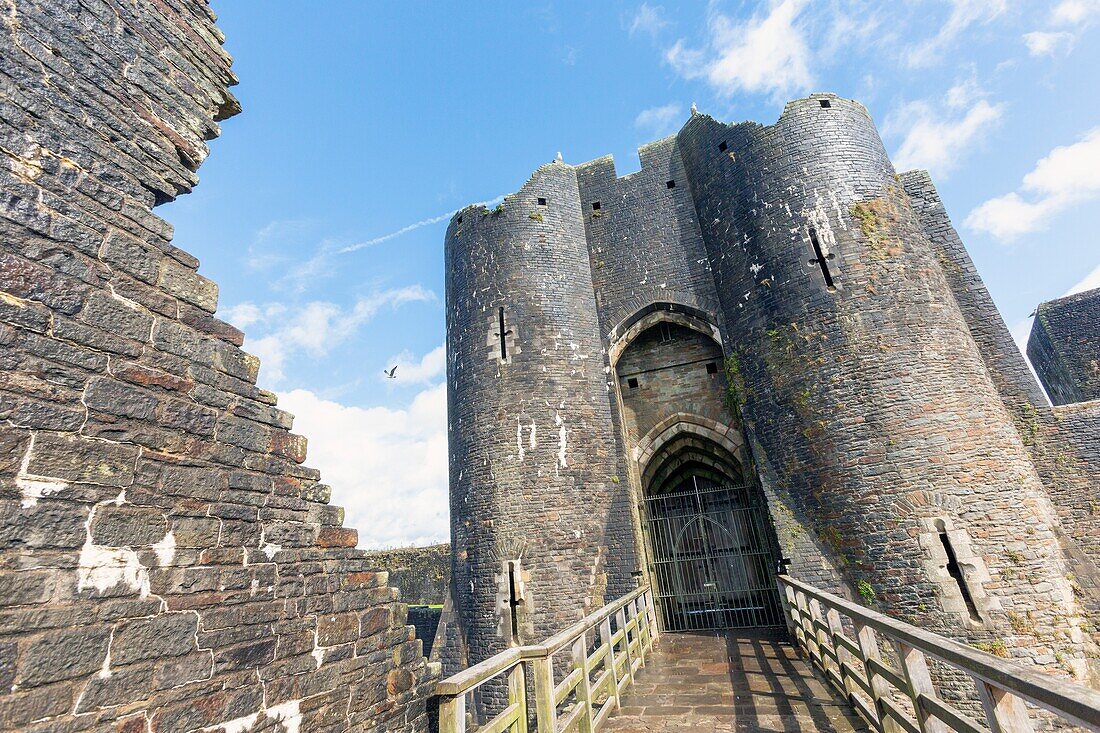 Caerphilly,Caerphilly,Wales,United Kingdom. Caerphilly castle entrance.