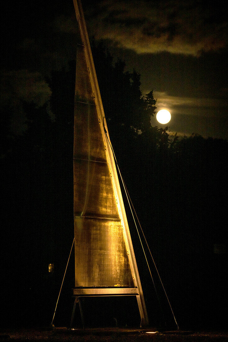 Illuminated sails at full moon on Wilhelmsplatz, Heiligenhafen, Ostholstein, Schleswig-Holstein, Germany