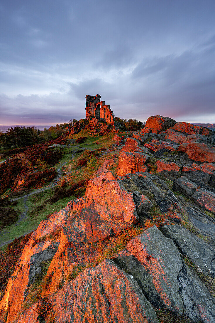 The Folly at Mow Cop with amazing sunset, Mow Cop, Cheshire, England, United Kingdom, Europe