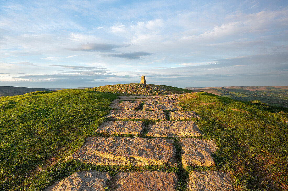 Stone path leading towards the summit at Mam Tor, High Peak, Derbyshire, England, United Kingdom, Europe